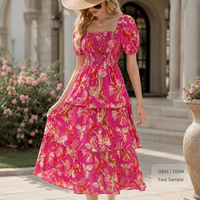 Robe Longue Femme Fleurie Smockée Manches Bouffantes Volants Été Vacances Bohème OEM ODM Marque Privée Grossiste Fabricant Usine