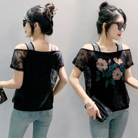 Camiseta Floral colorida para mujer, doble capa, gasa de seda helada, manga corta, encaje de flores de diamantes de imitación, camisetas, ropa de fiesta