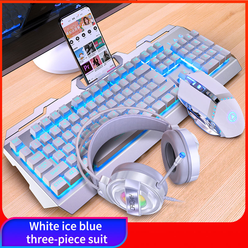 Blanc Bleu lumière Clavier + Souris + Casque
