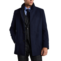 Manteau en laine mérinos pour homme, coupe ajustée, col cheminée, bleu marine/beige, avec décoration boutonnée