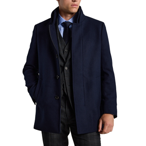 <strong>Men's</strong> Slim Fit Navy/Beige <strong>Funnel</strong> <strong>Neck</strong> Car <strong>Coat</strong> Woolen Merino <strong>Wool</strong> Overcoat with Button Decoration - Product Image 1