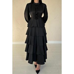 Vestido de Noche Largo de Satén Negro con Volantes para Mujer, Estilo Romántico de Fiesta, Corte A, Cintura Imperio, Venta al por Mayor - Product Image 3
