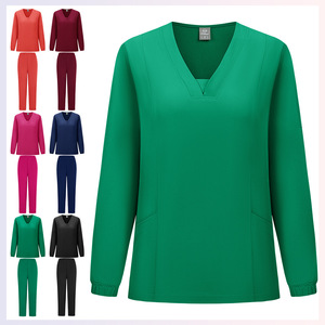 Women Long Sleeve Scrub Set Moisture Wicking Knitted Split Uniform For Medical Staff Hospital Workwear Green S XXL - Product Image 1