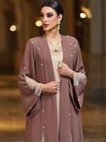 Elegante Muslimische Abaya mit Perlen und Blumenmuster, Netzstoffeinsatz und Weiten Ärmeln, Bescheidener Langer Mantel für den Nahen Osten