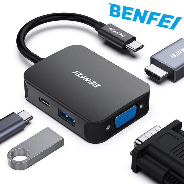 BENFEI USB C Hub 4-in-1 Aluminum Housing with USB C VGA/USB 3.0 Ports 60W Power Delivery Laptop Compatible MacBook Pro Brand New