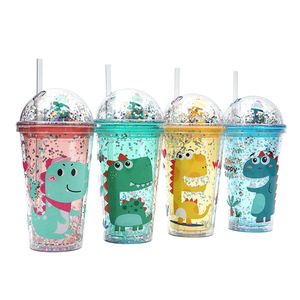 Hot bán phim hoạt hình nhựa cốc cốc cho trẻ em sinh viên sáng tạo dễ thương đôi tường cup với nắp và rơm - Product Image 4