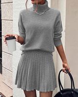 Ensemble chic pour femme, pull en tricot à col roulé et jupe mini plissée, tenue d'automne-hiver, robe en tricot deux pièces