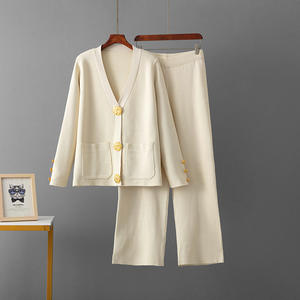 Conjunto Casual de Dos Piezas para <span class=keywords><strong>Mujer</strong></span>, Otoño Invierno, Cárdigan de Punto Combinable con Pantalones Anchos, Atuendos Combinables con Hebilla Metálica - Product Image 3