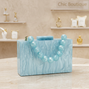 Blue Marbled Resin Clutch <b>Bag</b> With Pearl Chain Handle Luxury Handmade Evening Purse Unique Style Latest Design New Arrival - Product Image 1