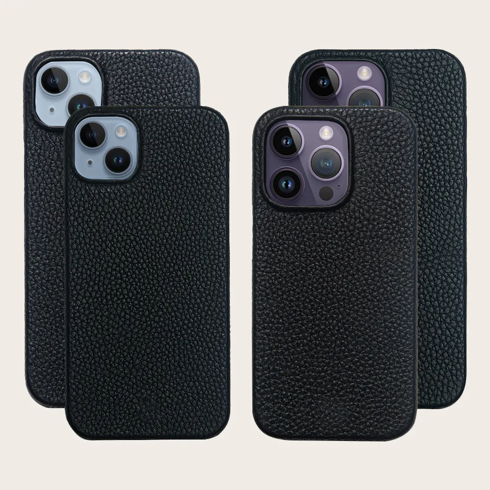 Premium quality black color full grain pebble leather phone case luxury case for cell phone 14 series
