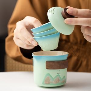 Service à thé de <span class=keywords><strong>voyage</strong></span> en céramique chinoise, portable, pour l'extérieur, théière Kung Fu avec une théière et trois tasses pour le camping et les amateurs de thé - Product Image 3