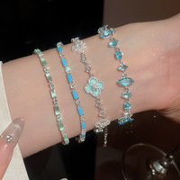 Joyería de Moda, Pulseras de Flores con Circones Azules Chapadas en Oro, Brazaletes de Diseño, Pulsera de Trébol