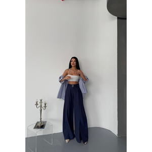 Pantalones Casuales Holgados para Mujer en Azul Marino con Detalle de Abertura Frontal y Cinturón, Pantalones Transpirables a la Moda - Product Image 6