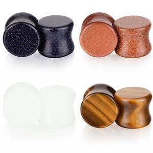 Natural Stone Ear Plugs in Tiger Eye, Glow-in-Dark, Goldstone, Blue Sandstone | Double Flared Saddle Fit Gauge Jewelry for Men - Product Image 1