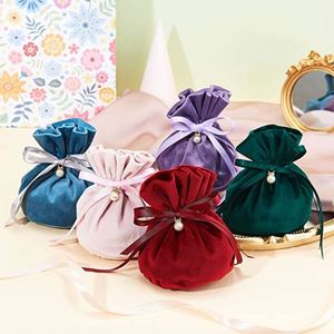 Pochette cadeau de luxe en velours avec cordon de serrage, sac à bijoux violet avec breloque en fausse perle pour les faveurs de mariage, Noël - Product Image 5