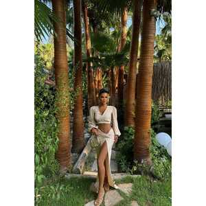 Beige Linen 2-Piece <b>Shorts</b> Set for <b>Women</b> XS Size with Slit Detail Above <b>Knee</b> <b>Length</b> Top and <b>Short</b> Set - Product Image 6