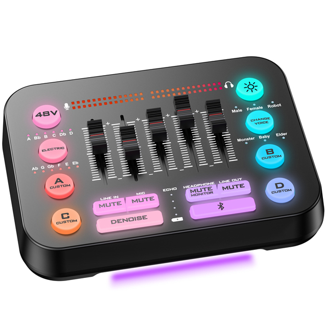 Professional Audio Mixer Streaming RGB Mixer Set with XLR Dynamic Vocal Microphone Voice Recording with Volume Fader, Monitoring