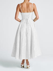 فستان أنيق بخصر طبيعي وتصميم ملفوف على شكل حرف A من الساتان والدانتيل للنساء، مناسب للربيع والصيف، فستان كاجوال متوسط الطول بلون موحد وجذاب للحفلات - Product Image 4