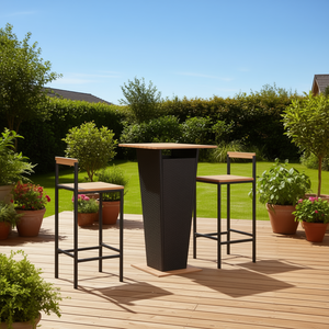 Ensemble de meubles de bar noir, plateau carré en teck, structure métallique, design contemporain, pour jardin, durable, style moderne, usage commercial extérieur - Product Image 2
