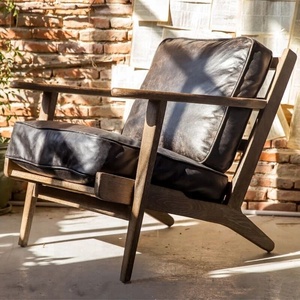 Venta al por mayor marco de madera sillón de cuero vintage relajarse Silla de salón con reposapiés otomana sofá - Product Image 4