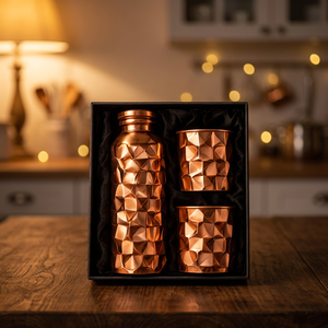 Aesthetic Copper Water Bottle <b>Flask</b> Set with <b>2</b> Hammered <b>Cups</b> in Gift Box Modern Portable Drinkware - Product Image 1