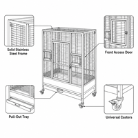 Cage à perroquets en acier inoxydable 304 de qualité commerciale, grande volière en métal avec plateau de nettoyage facile et roulettes
