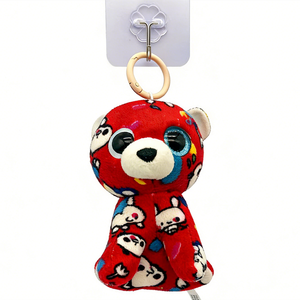 Customized Soft plush bear teething toy wooden <b>ring</b> stroller hanging sensory toy for infants, Red bear plush <b>keyring</b> - Product Image 1