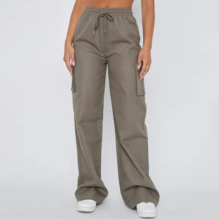 Streetwear personnalisé 100% coton pour femmes Pantalon cargo pour femmes avec taille et cordon de serrage Pantalon droit ample de couleur unie avec poches
