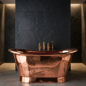 Baignoire ovale autoportante de luxe en cuivre avec pieds de cheval, intérieur nickel poli et finition mosaïque pour salle de bain à domicile - IHC - Product Image 1
