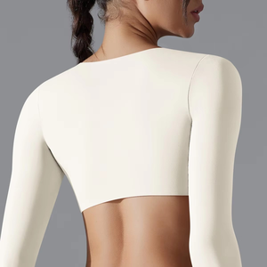 Vêtements d'entraînement de gymnastique personnalisés pour femmes, soutien-gorge de <span class=keywords><strong>sport</strong></span> à manches longues torsadé sur le devant et leggings de yoga, ensembles de fitness 2 pièces - Product Image 3