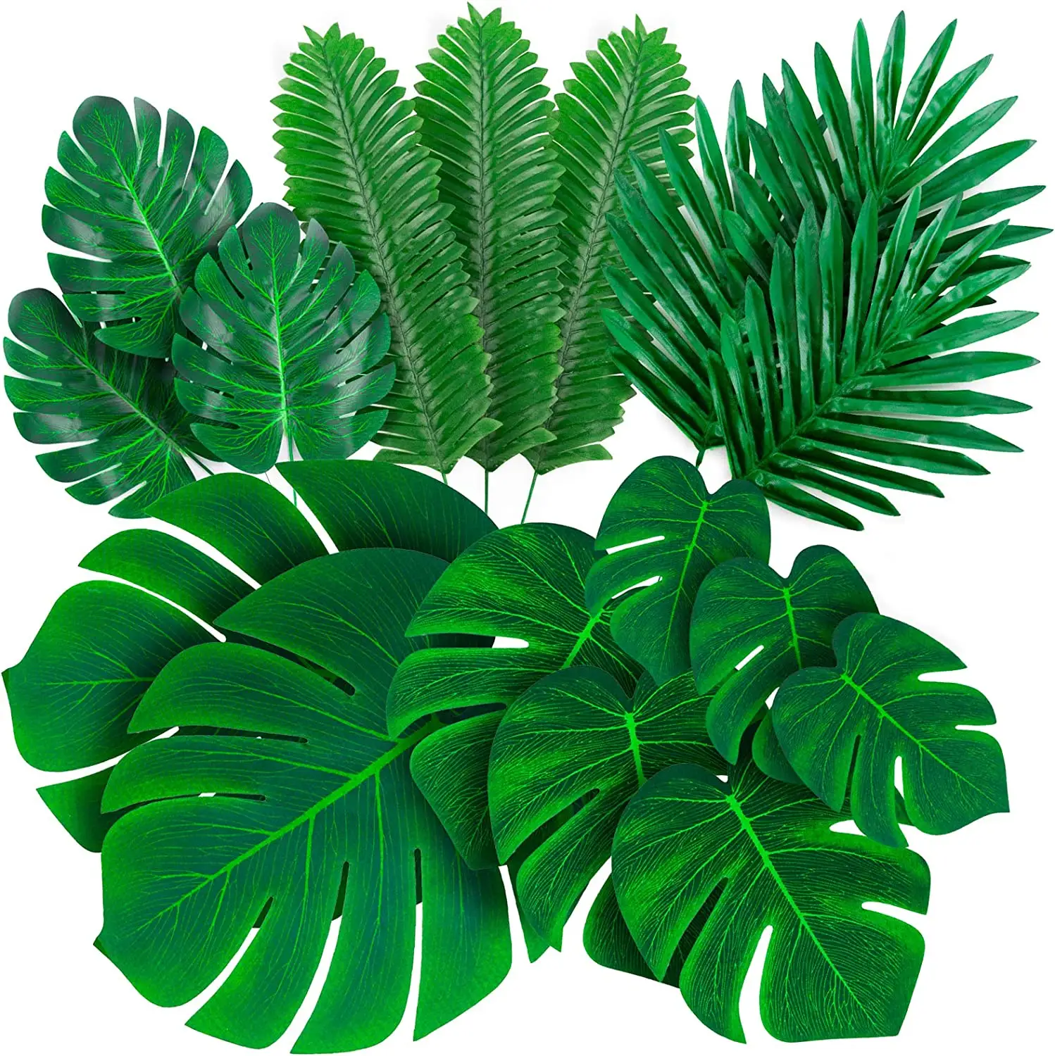 Palm Leaves Artificial Tropical Monstra-84Pcs 6 Kinds Large Small Green Fake Palm Leaf with Stems for Safari Jungle Hawaiian L