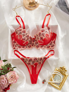 Ensemble de lingerie sexy pour femmes, soutien-gorge et culotte, broderie florale rouge exotique, string transparent, babydoll - Product Image 3