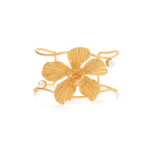 <b>Silver</b> Flower <b>Cuff</b> <b>Bracelet</b> With Pearl Accents 316L Stainless Steel PVD Gold Plating Sustainable Design - Product Image 2