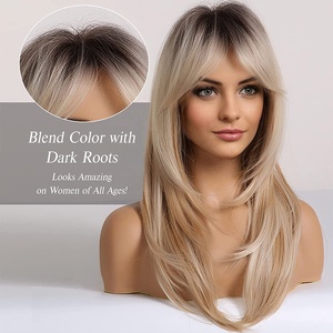 Commercio all'ingrosso da <span class=keywords><strong>donna</strong></span> miele per Ombre frangetta <span class=keywords><strong>bionda</strong></span> lunga onda naturale <span class=keywords><strong>parrucca</strong></span> sintetica resistente al calore stratificato fatto a macchina parrucche - Product Image 5