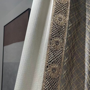 Custom Luxury Grey Embroidery Fabric <strong>Curtains</strong> and Drapes With Trimming for Elegant Living Room - Product Image 5