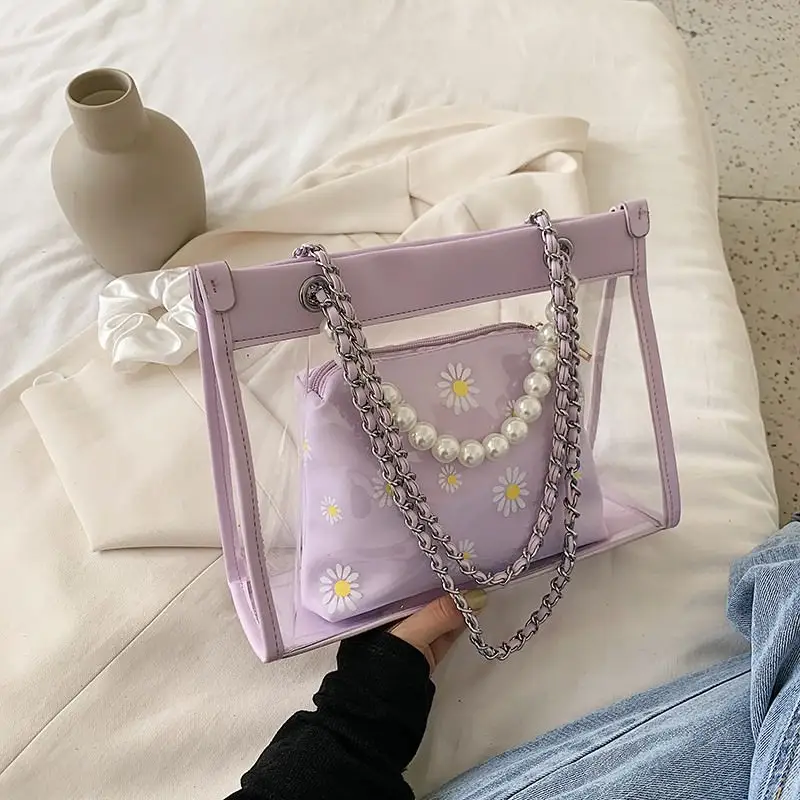 Women 2021 Fashion Chain Daisy Transparent Handbags Hot Pearl Handle Shoulder Bag BE0120