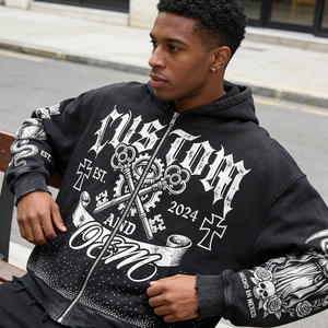 Sweat à capuche zippé pour homme, coupe ample et carrée, style streetwear, effet usé, avec strass, impression numérique personnalisée OEM, grammage lourd 400 GSM - Product Image 1