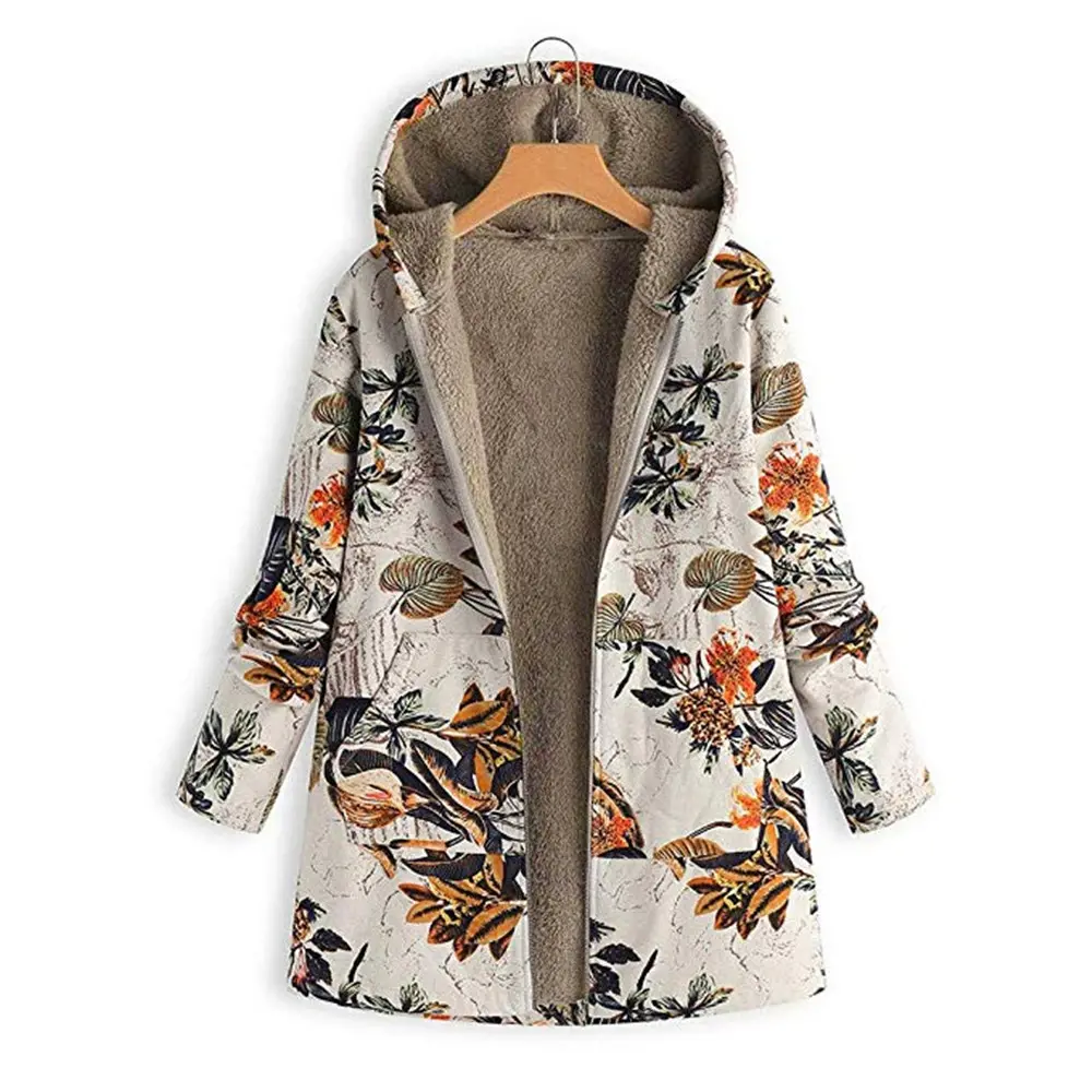 폭발적인 모델 여성 코트 패션 인쇄 코트 코튼 겨울 따뜻한 여성 후드 플러시 코트