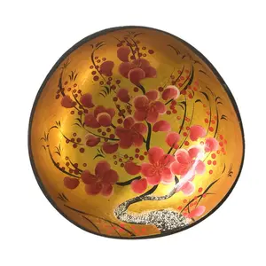 decorative bowl colorful made by hand high quality and cheap price hand painted Vietnam coconut draw flower bowls lacquerware