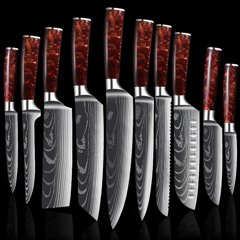 Red Resin Handle Japanese Vg10 Chef Knives Set High Carbon Steel 67 Layer Damascus Knife Set With Logo