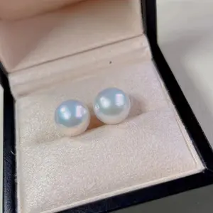 8-13mm freshwater Edison pearl stud earrings perfect circle strong cold light 18K gold for Australia white pearl earrings