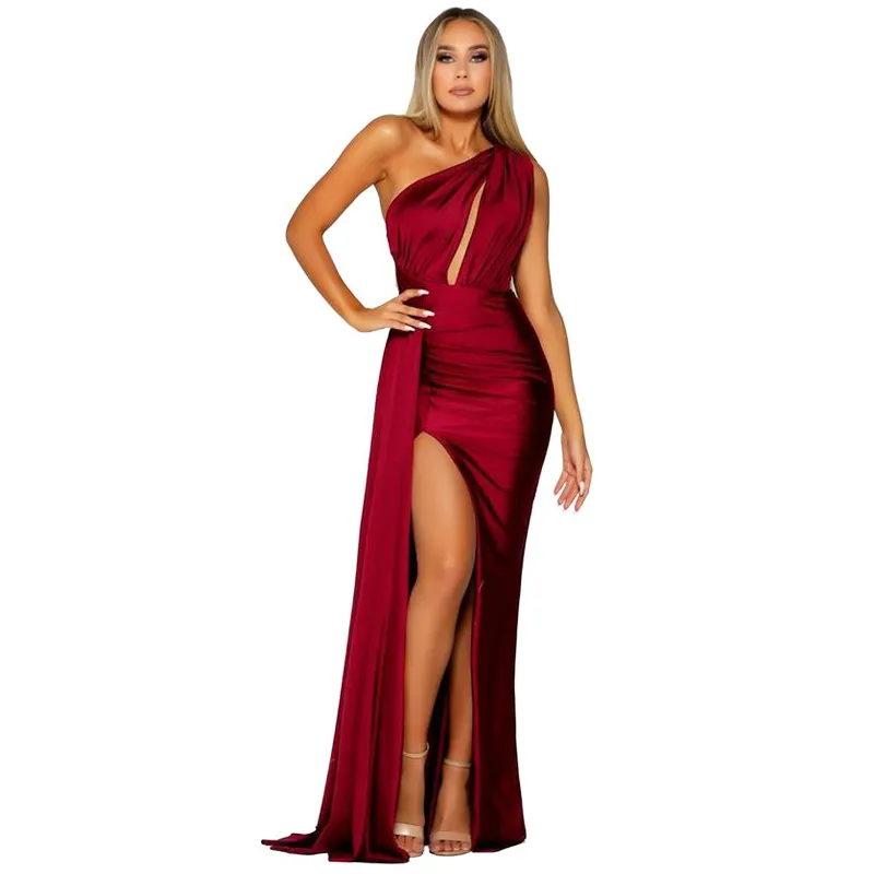 Sleeveless Stretch Satin Pleated Drawstring V Neck Drap Ribbon Side Split Sexy Hollow Out Event Evening Gown Maxi Dress