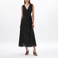 Robe mi-longue décontractée noire à pois pour femme avec logo personnalisé, sans manches, col en V, taille nouée, idéale pour l'été