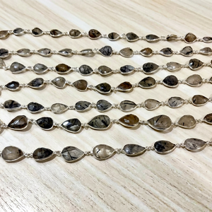 Chaîne de pierres précieuses en quartz rutilé noir naturel, forme poire, avec connecteur à sertissage - Product Image 1