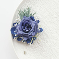 Boutonnière artificielle faite main Rose Bleue avec Hortensia et Verdure pour Mariage, Marié, Bal de Promo, Costume, Revers de Veste