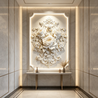 Wallpaper Relief Mawar Kustom, Seni Dinding Bunga Plester 3D, Dekorasi Dinding Lorong Mewah, Latar Belakang Dinding Pintu Masuk Elegan
