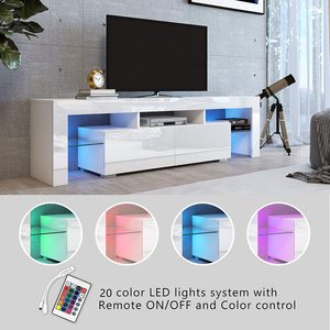 Meuble TV avec lumières LED, 2 tiroirs et étagères ouvertes, centre de divertissement brillant, <span class=keywords><strong>console</strong></span> multimédia, <span class=keywords><strong>table</strong></span> de rangement, <span class=keywords><strong>bureau</strong></span> - Product Image 4