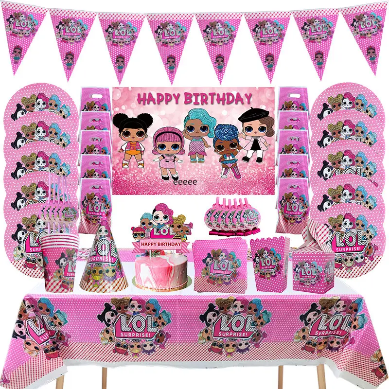 LOL sorpresa niña decoraciones para fiesta de cumpleaños vajilla desechable globos de fondo personalizados suministros para fiesta de bienvenida al bebé K020