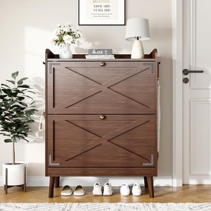 Meuble à <span class=keywords><strong>chaussures</strong></span> rustique brun du milieu du siècle, étroit et fin, avec 2 tiroirs rabattables et 2 étagères réglables - Product Image 1