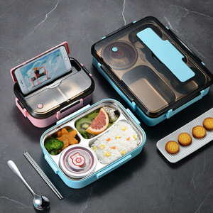 304 Stainless Steel Bento <b>Box</b> Rectangular Multi Compartment Lunch <b>Box</b> With <b>Plastic</b> Lid For Adults And Students - Product Image 1